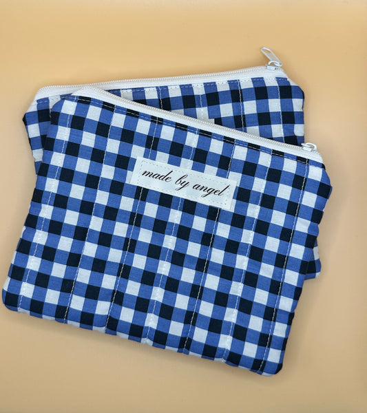 Flat Zipper Carry All Pouch - Blue Gingham