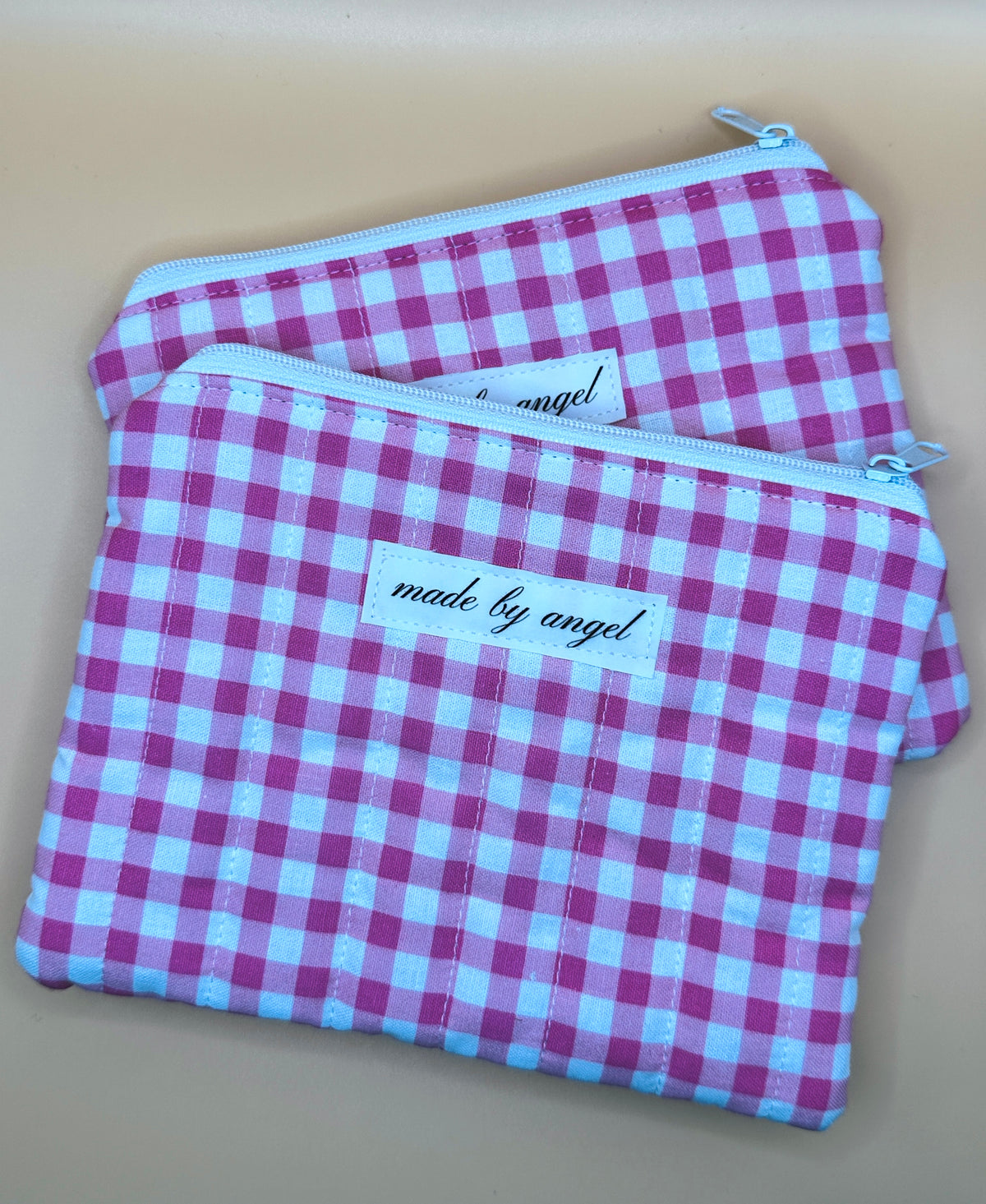 Flat Zipper Carry All Pouch - Pink Gingham