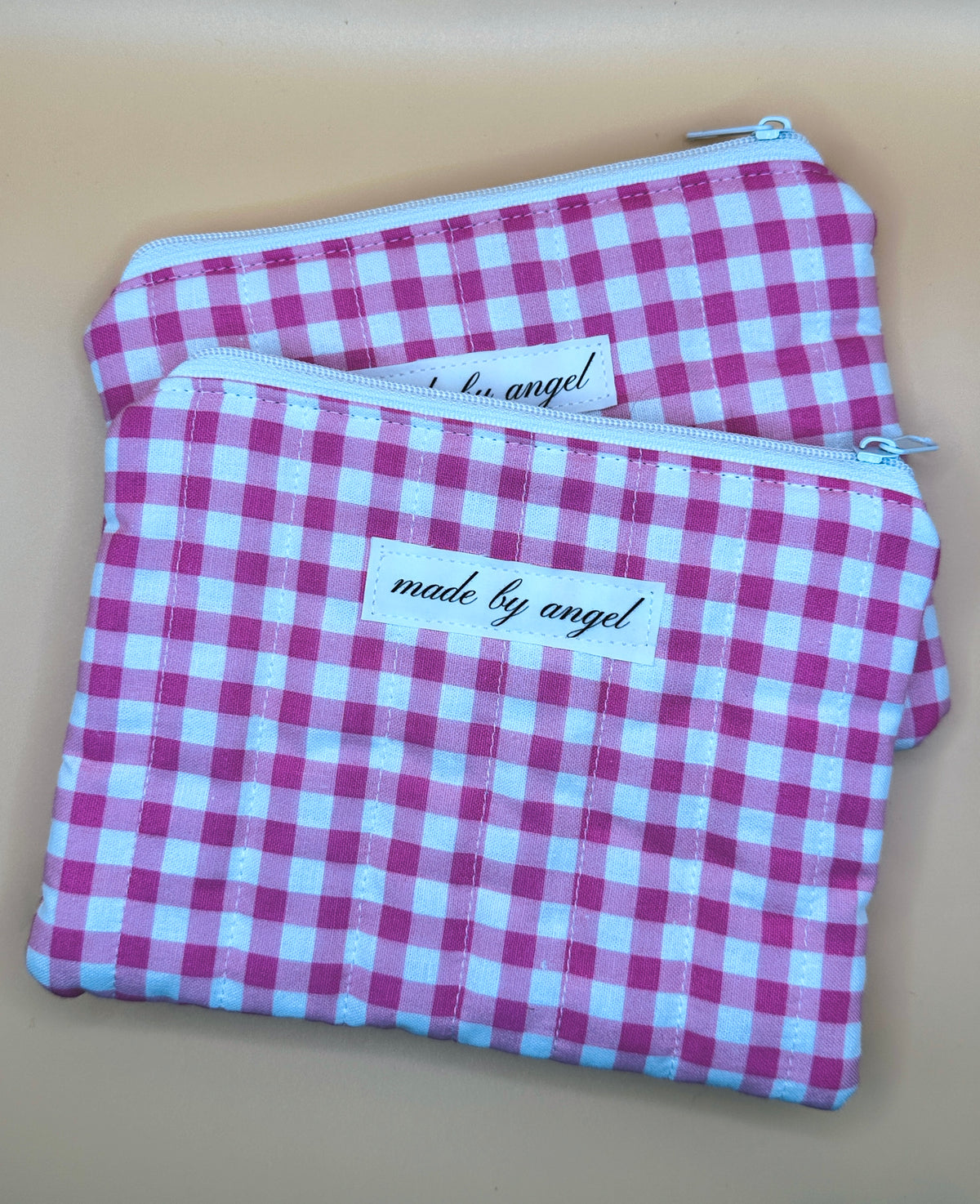Flat Zipper Carry All Pouch - Pink Gingham