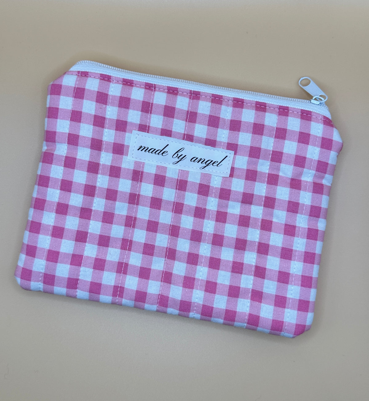 Flat Zipper Carry All Pouch - Pink Gingham
