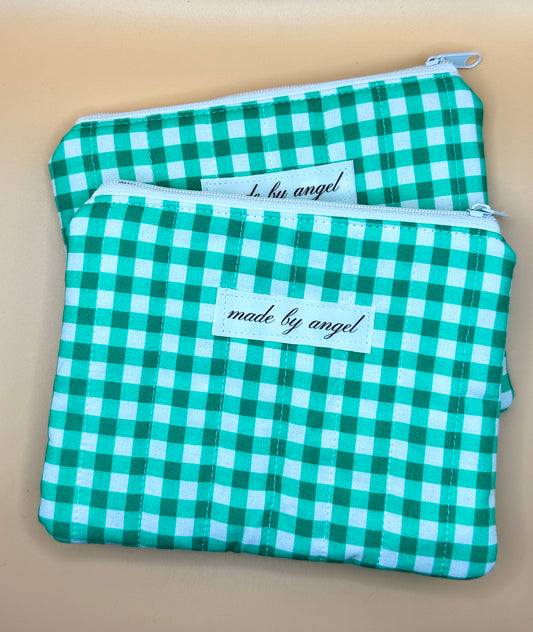 Flat Zipper Carry All Pouch - Green Gingham