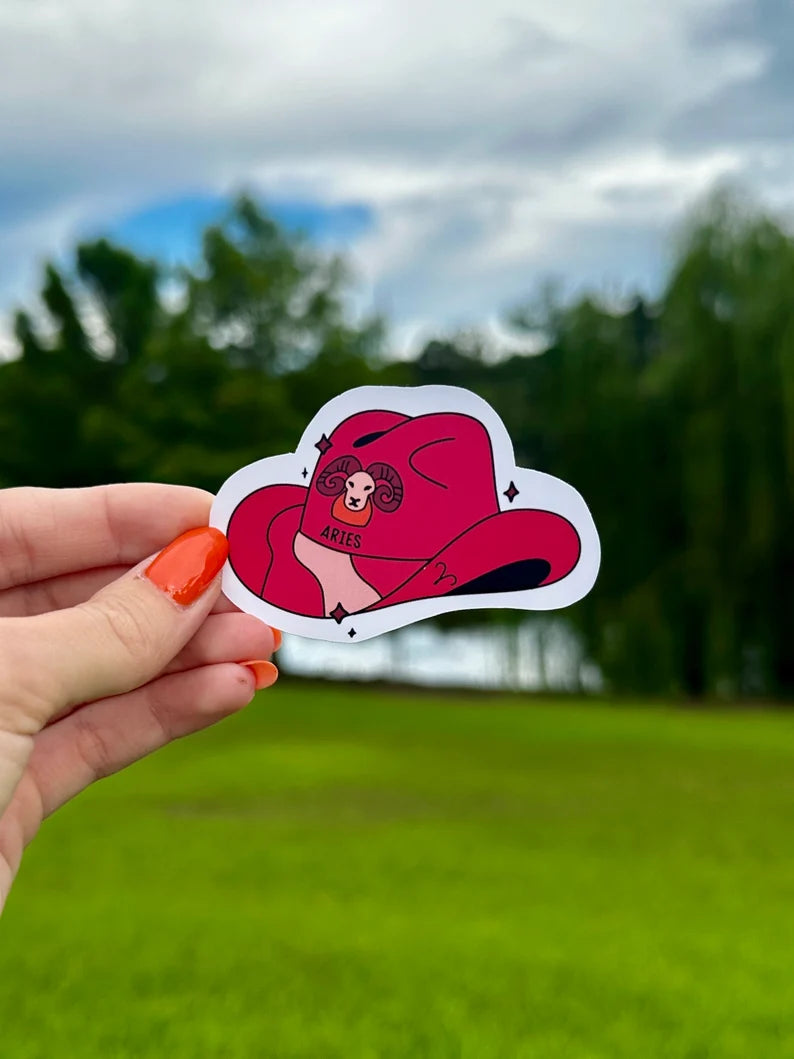 Aries Zodiac Cowboy Hat Sticker | water resistant sticker
