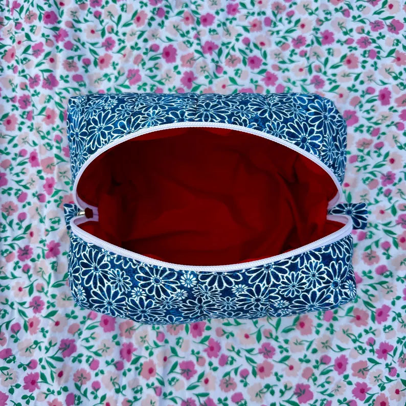 Boxy Carry All Zipper Pouch - denim flower - large