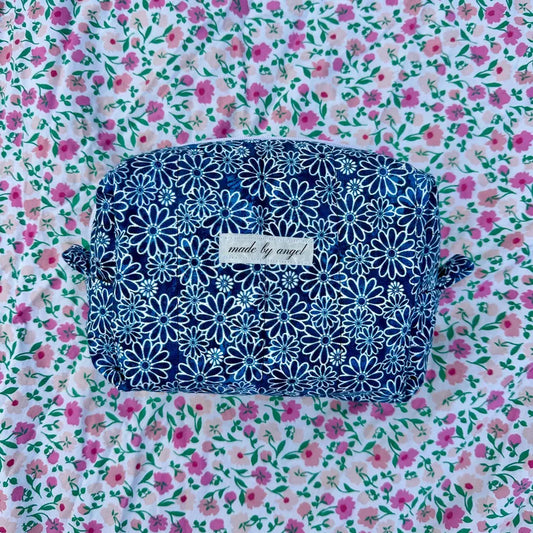 Boxy Carry All Zipper Pouch - denim flower - large
