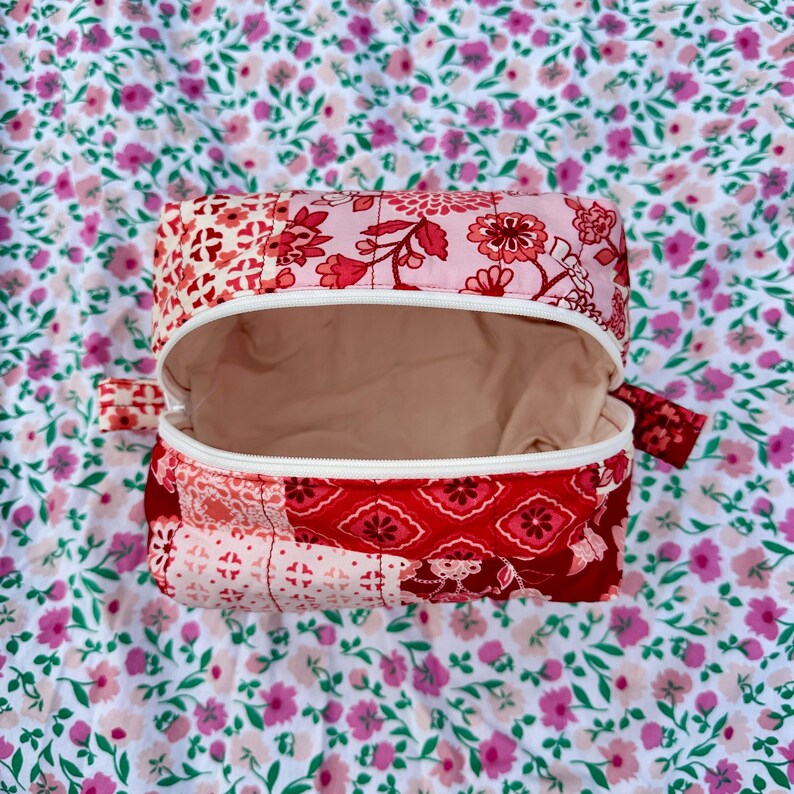 Boxy Carry All Zipper Pouch - burgundy red patchwork - medium