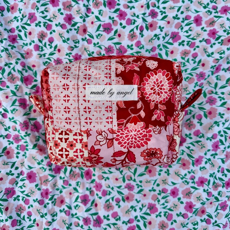 Boxy Carry All Zipper Pouch - burgundy red patchwork - medium