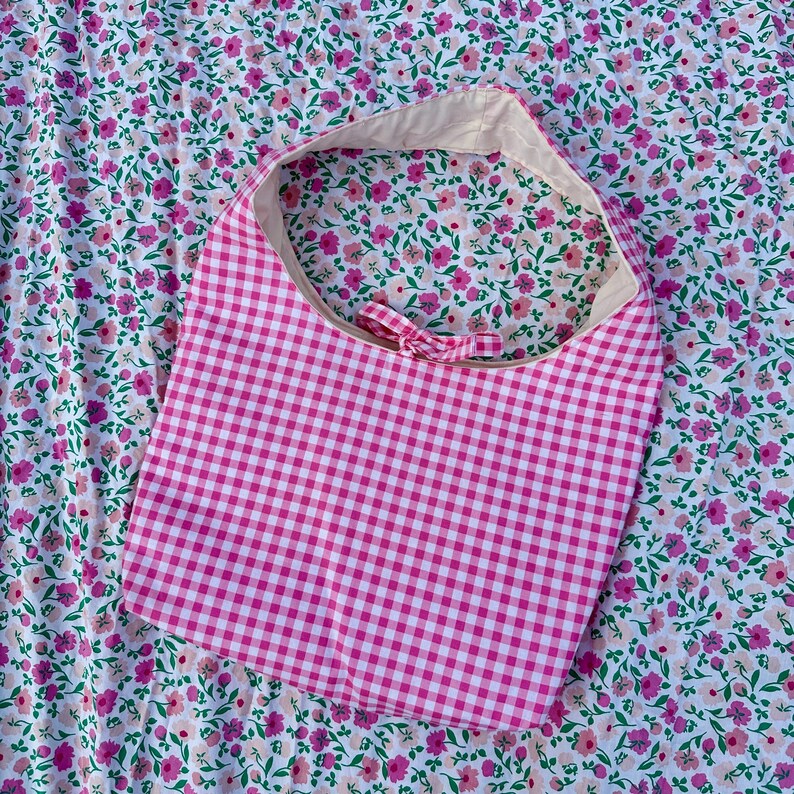 Pink Gingham Bow Shoulder Bag with Pocket and Key Clasp