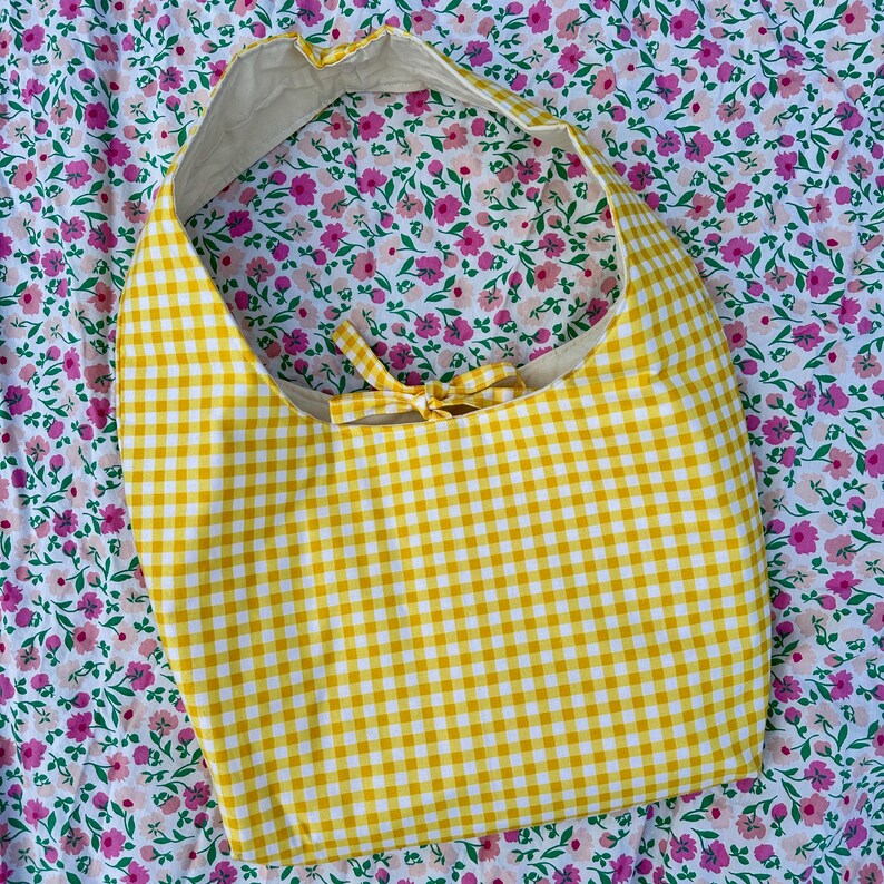 Yellow Gingham Bow Shoulder Bag with Pocket and Key Clasp