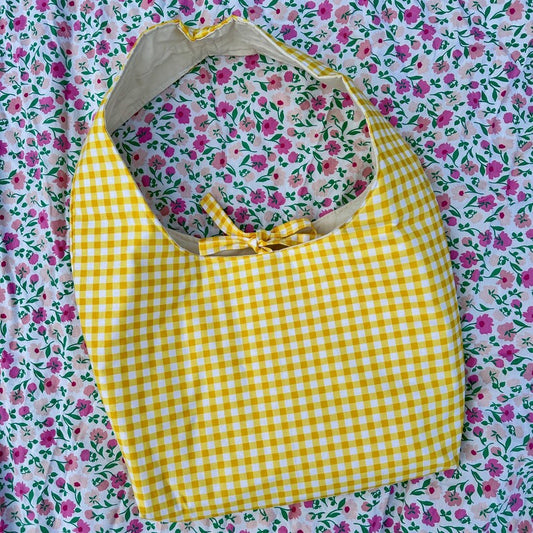 Yellow Gingham Bow Shoulder Bag with Pocket and Key Clasp