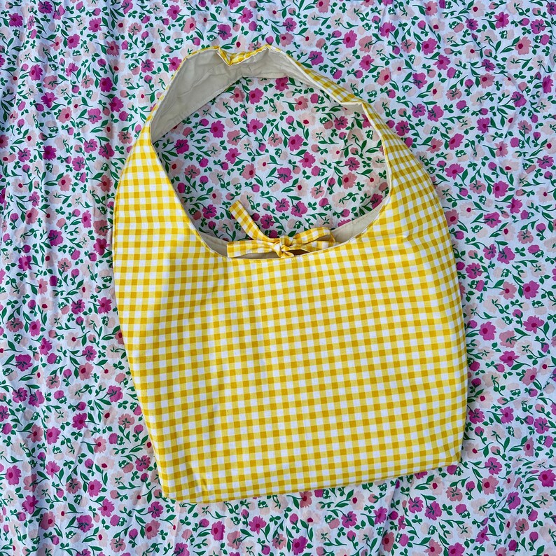Yellow Gingham Bow Shoulder Bag with Pocket and Key Clasp