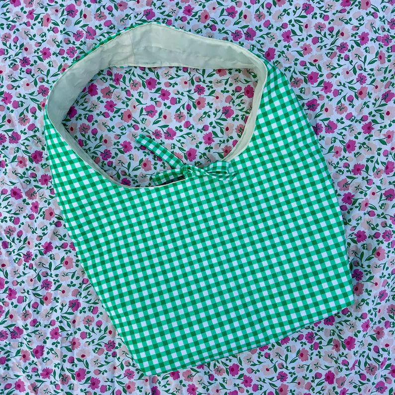 Green Gingham Bow Shoulder Bag with Pocket and Key Clasp