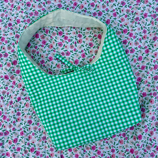 Green Gingham Bow Shoulder Bag with Pocket and Key Clasp