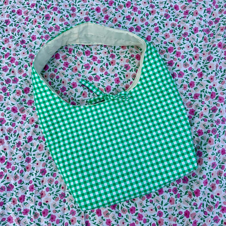 Green Gingham Bow Shoulder Bag with Pocket and Key Clasp