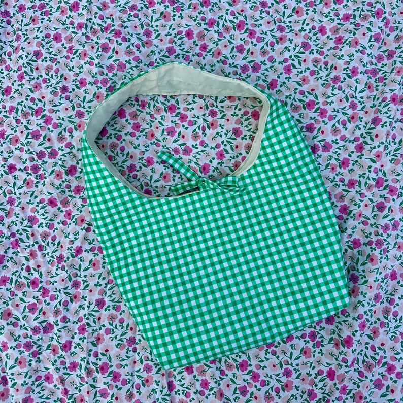 Green Gingham Bow Shoulder Bag with Pocket and Key Clasp