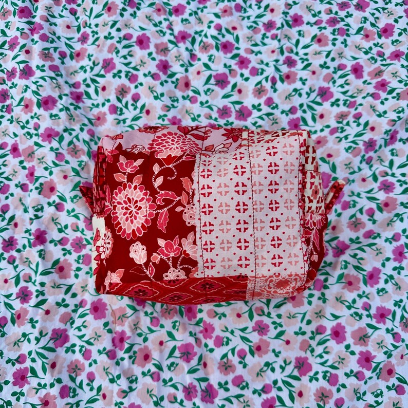 Boxy Carry All Zipper Pouch - burgundy red patchwork - medium