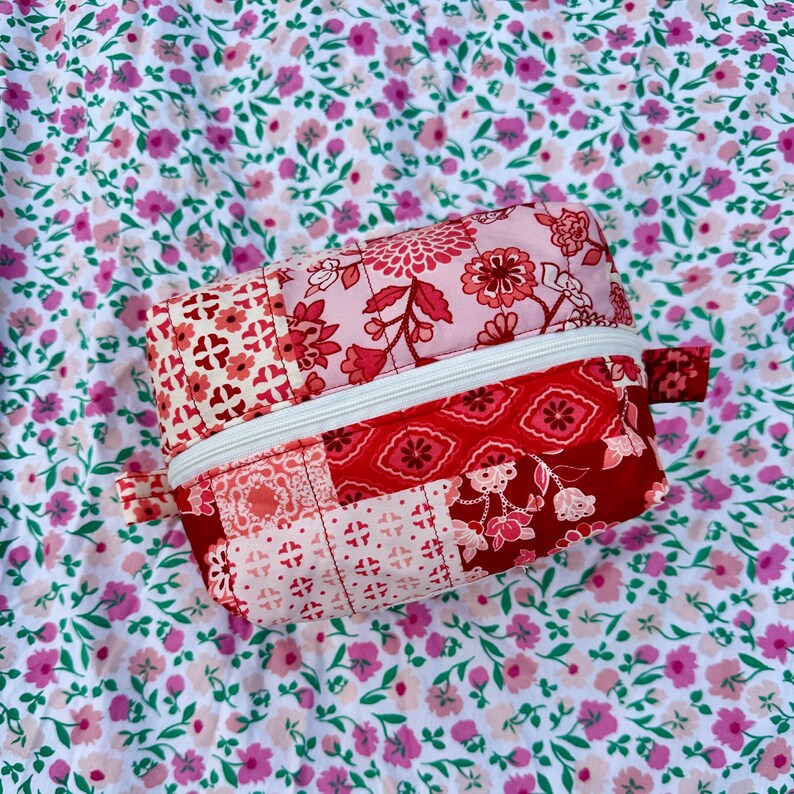 Boxy Carry All Zipper Pouch - burgundy red patchwork - medium